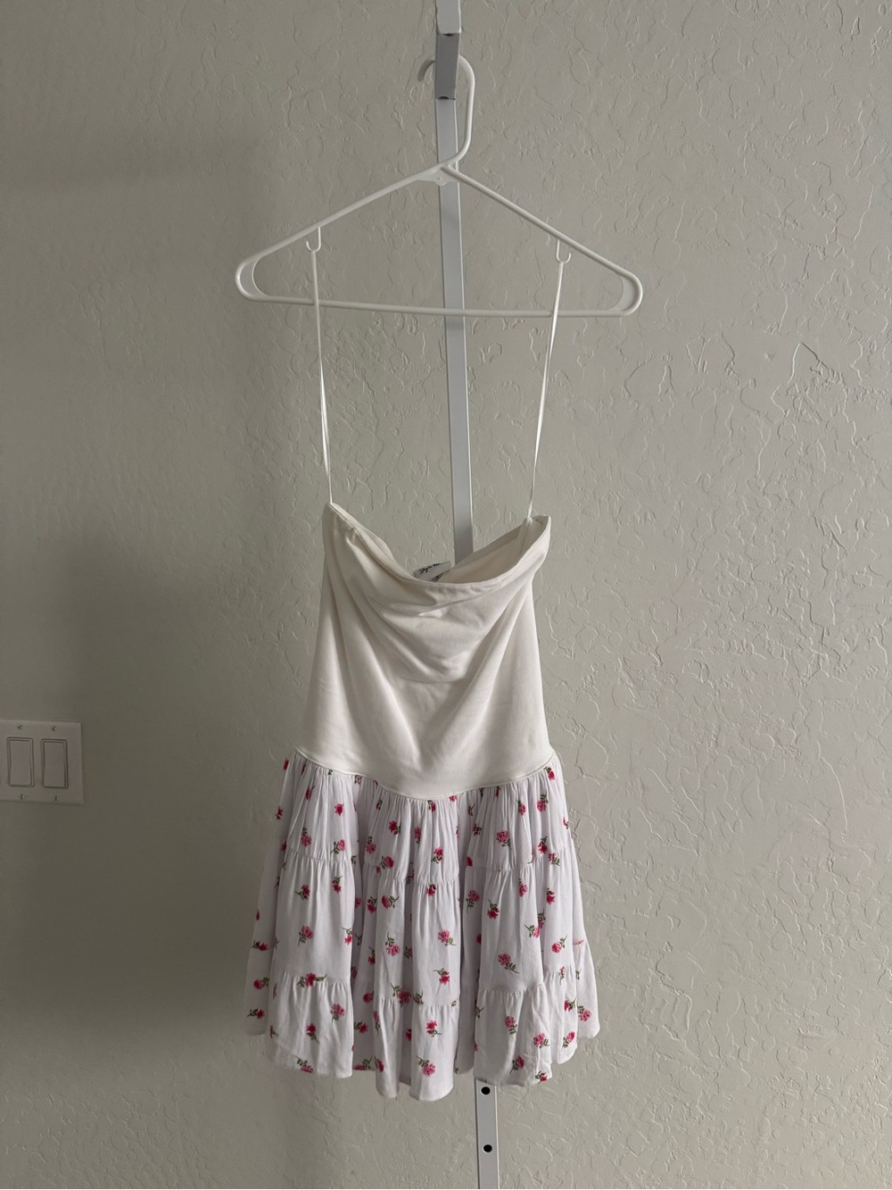 Strapless White Dress with Pink Floral Tiered Skirt